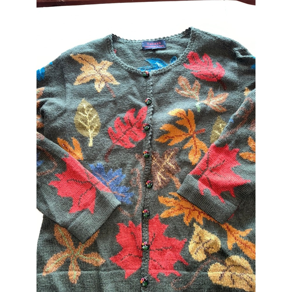 Tabask Handmade in Peru Leaf Print Cardigan Sweater XL Green Fall Autumn Knit